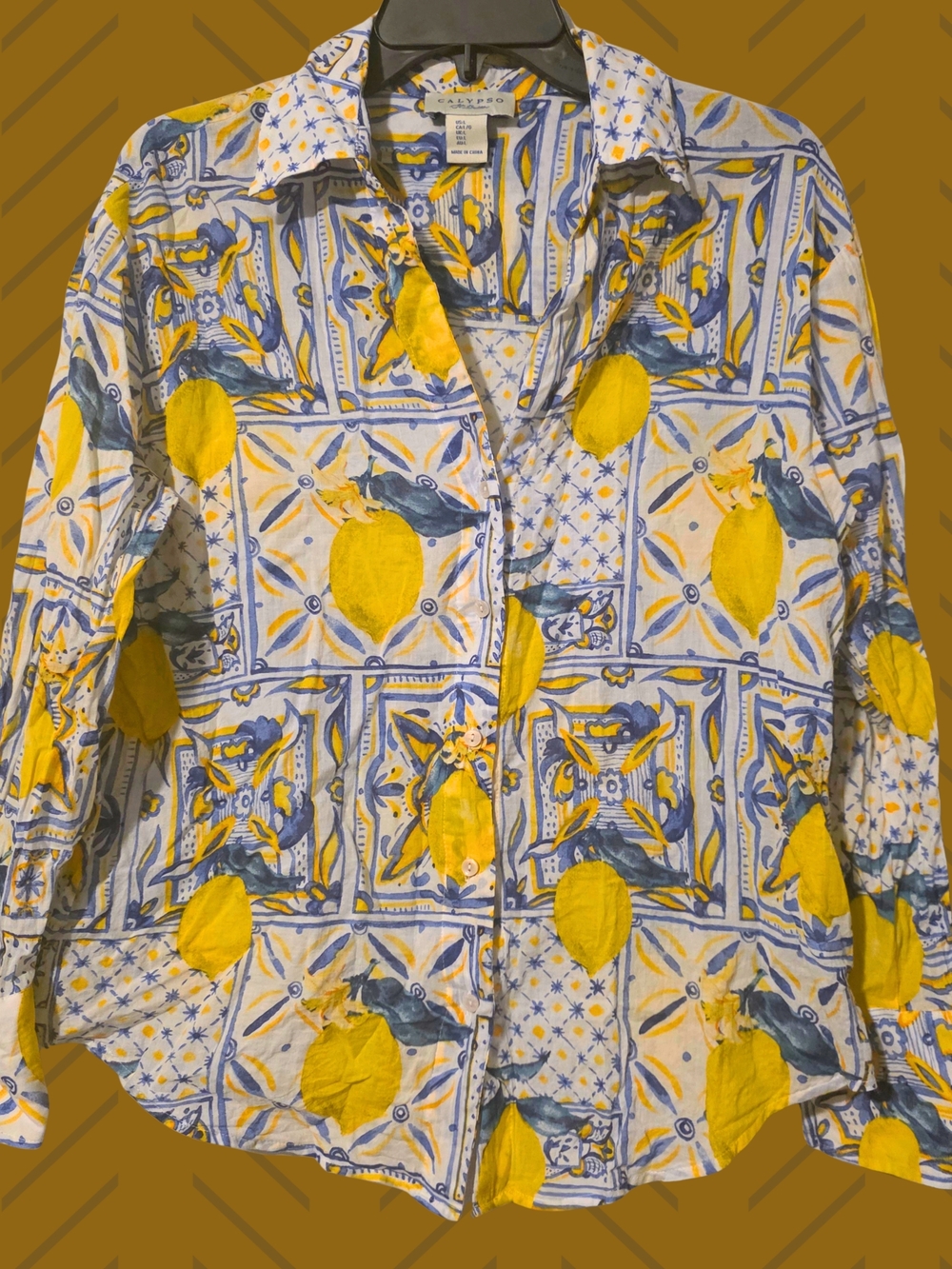 Calypso St. Barth Yellow & Blue Lemon Print Button-Up Blouse